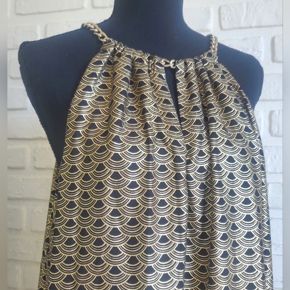 Michael Kors Chain Halter Dress Bergalia Black Gold Foil Art Deco Size Large - Picture 4 of 17